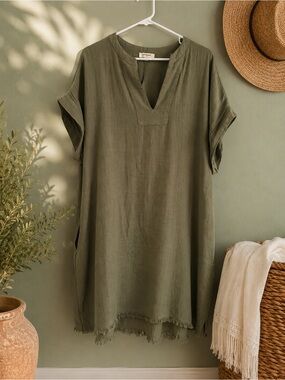 Umgee | Olive Linen Blend V-Neck Tunic Top | Green Boho Minimalist Capsule